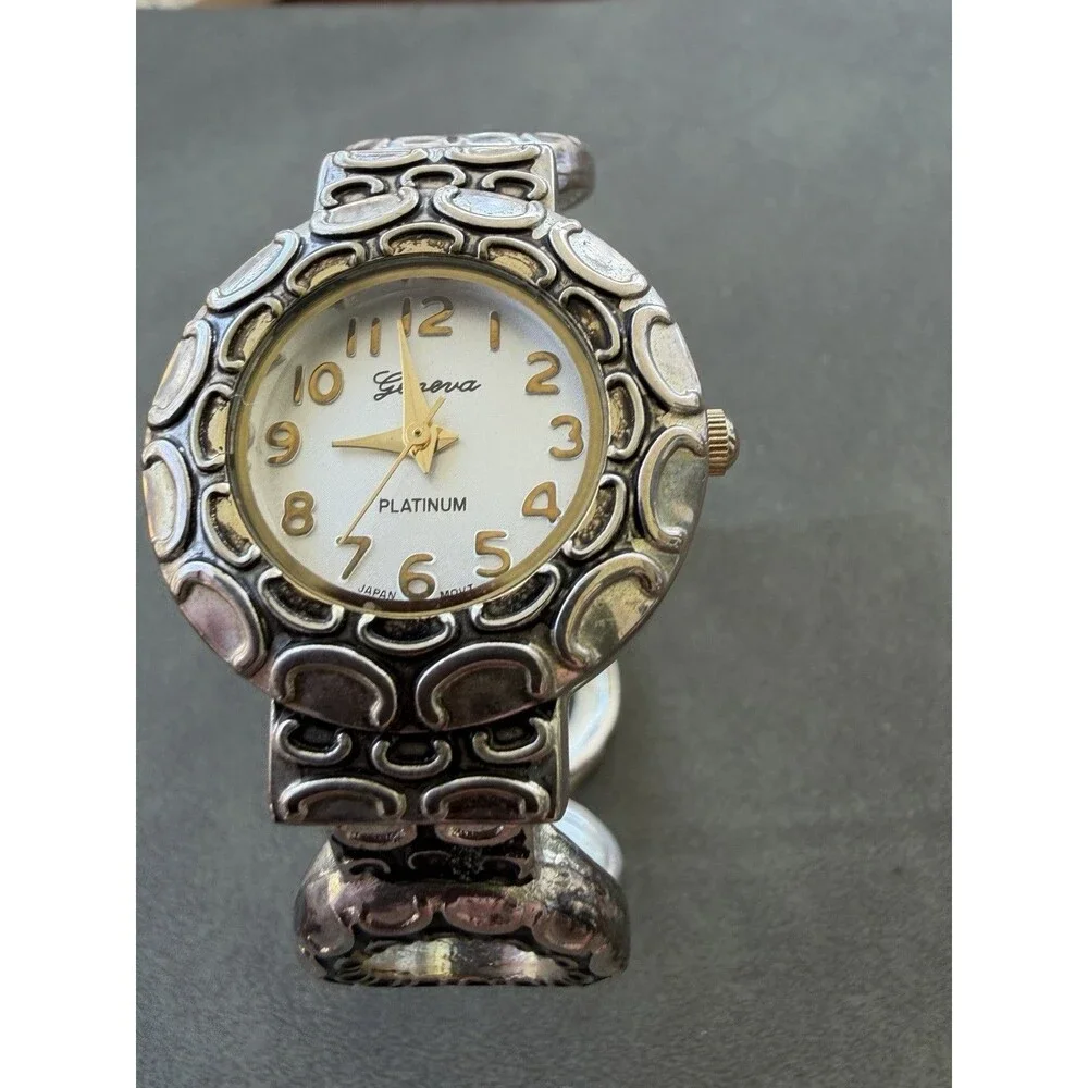 Vintage Geneva Chunky Cuff Bracelet Watch Silver Tone Y2K Boho Statement